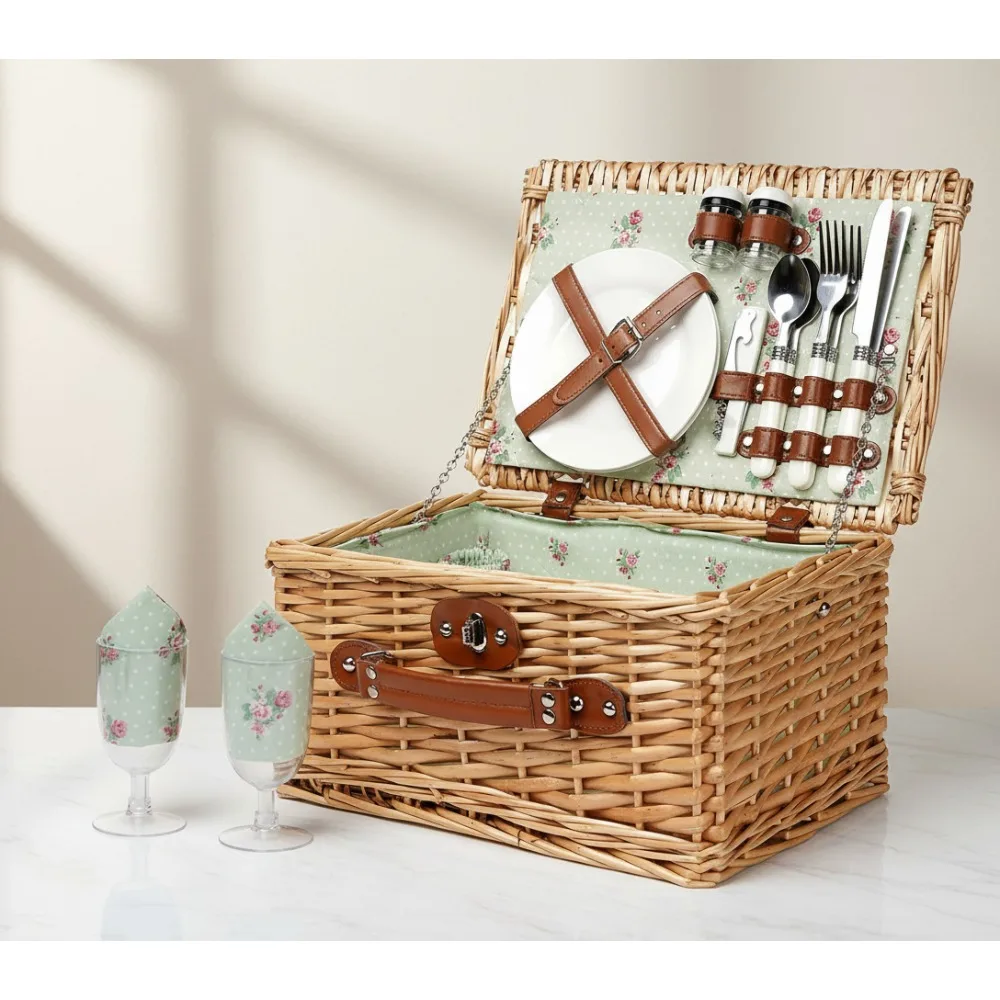 

Handmade Wicker Picnic Basket for 2, Portable Hamper with Utensils Ideal for Outdoor Camping and Couples