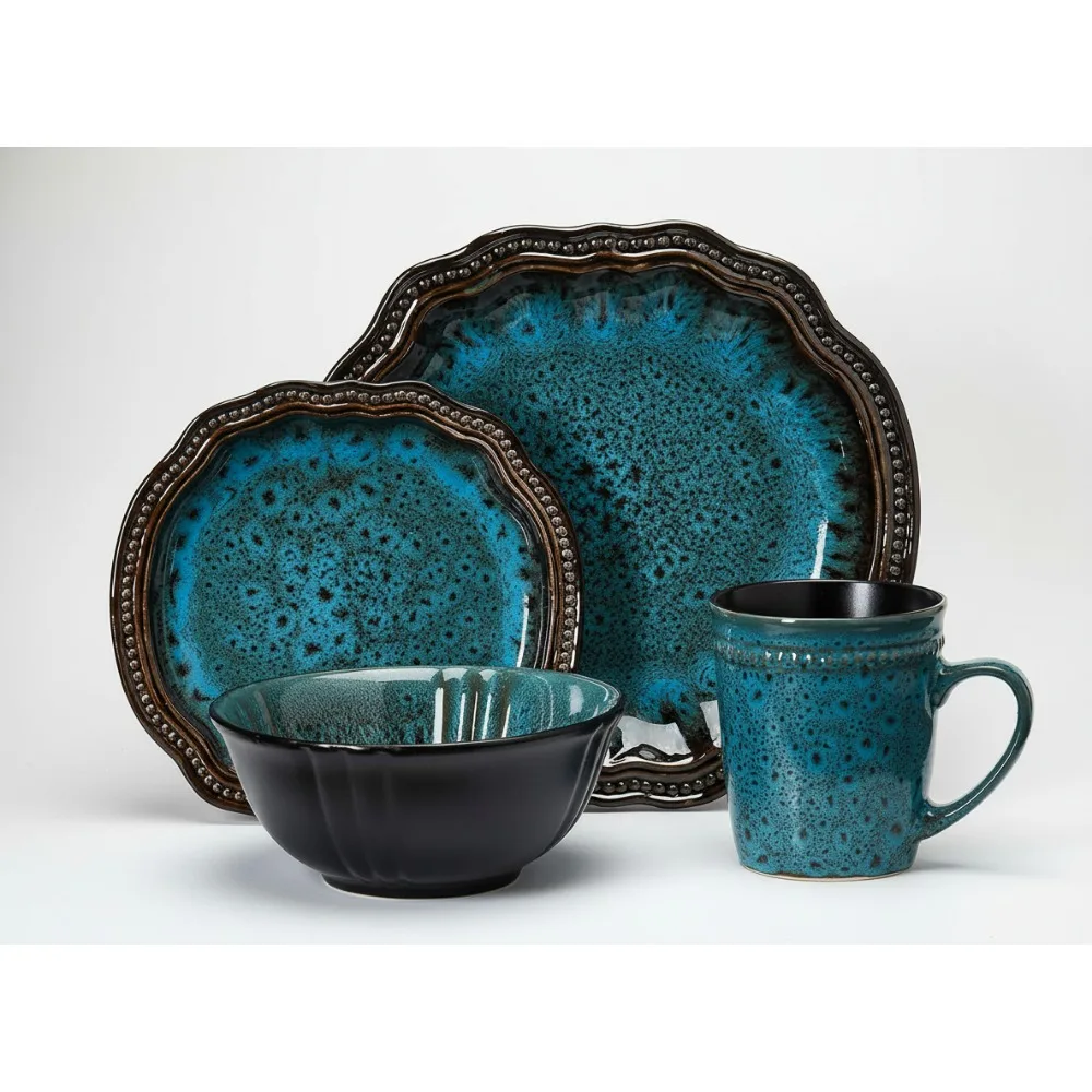 

Elegant Ocean Blue Stoneware Dinnerware Set for 4, Microwave & Dishwasher Safe, Modern Tableware