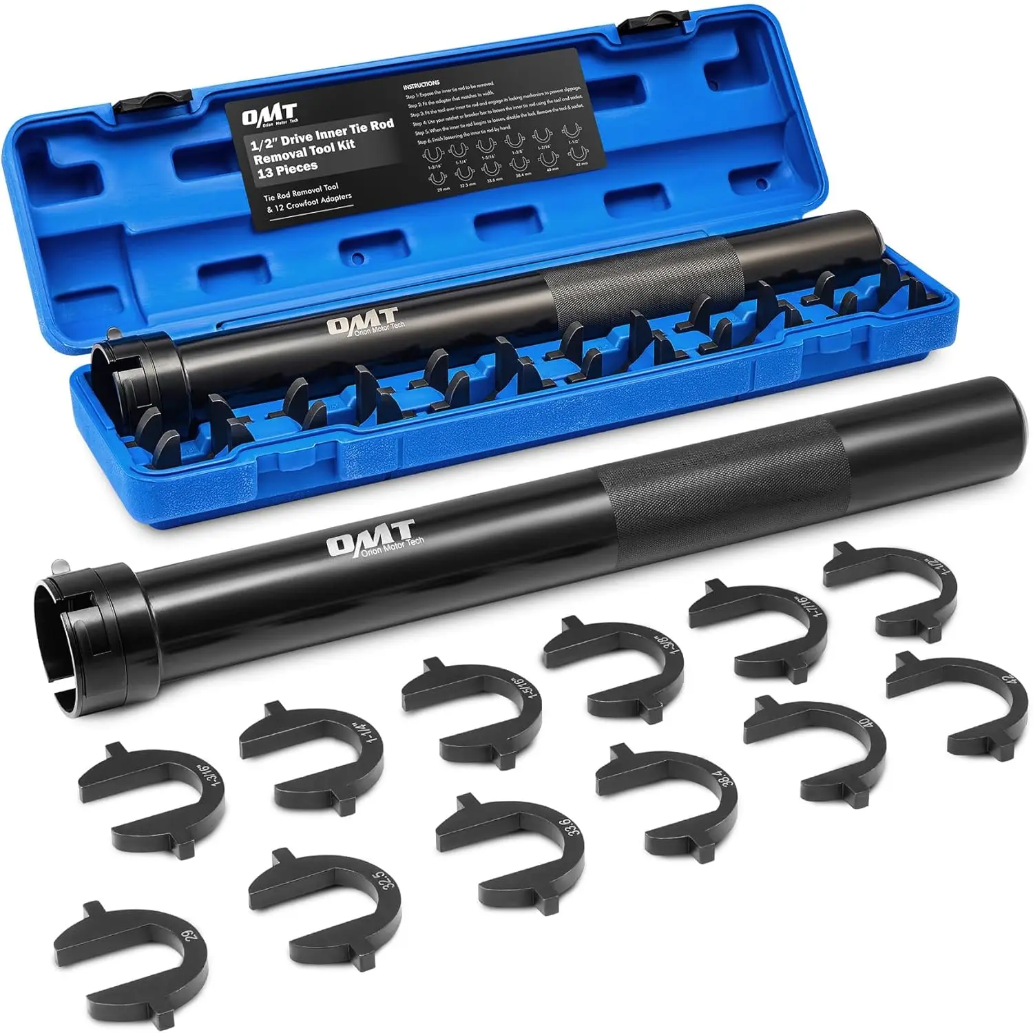 

Inner Tie Rod Removal Tool Kit, 12 Crowfoot Adapters, 1/2' Drive, with Case (BK)
