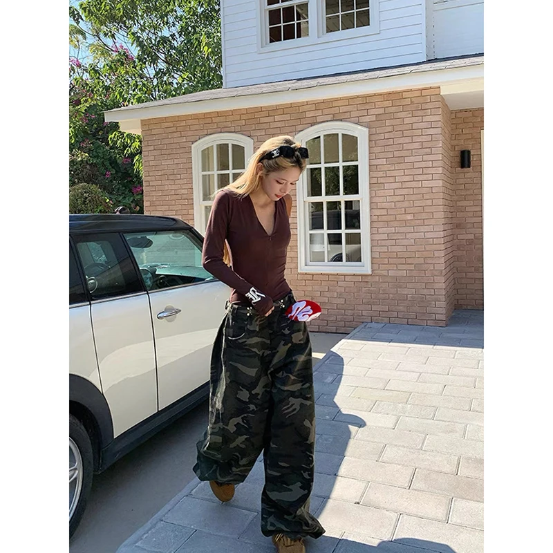 ZHIZOU 2025 الخريف المرأة التمويه البضائع الجينز Harajuku Y2k فضفاض سراويل جينز السراويل الجمالية خمر 2000s الملابس القمامة #6