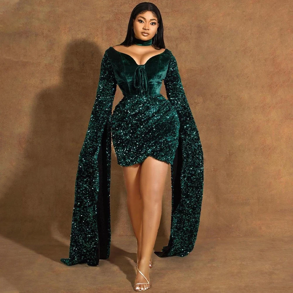 

Dark Green Cocktail Dresses Mini Long Sleeves High Collar Sexy Cocktail Gown for Women Illusion Sheath/Column Short Party Dress