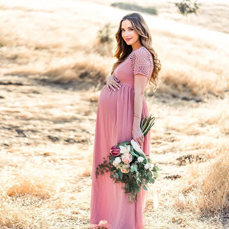 Maternity\'s Dress Pregnancy Photography Props Dusty Pink Long Chiffon Elegant Pregnant Women Clothes Lace Dresses