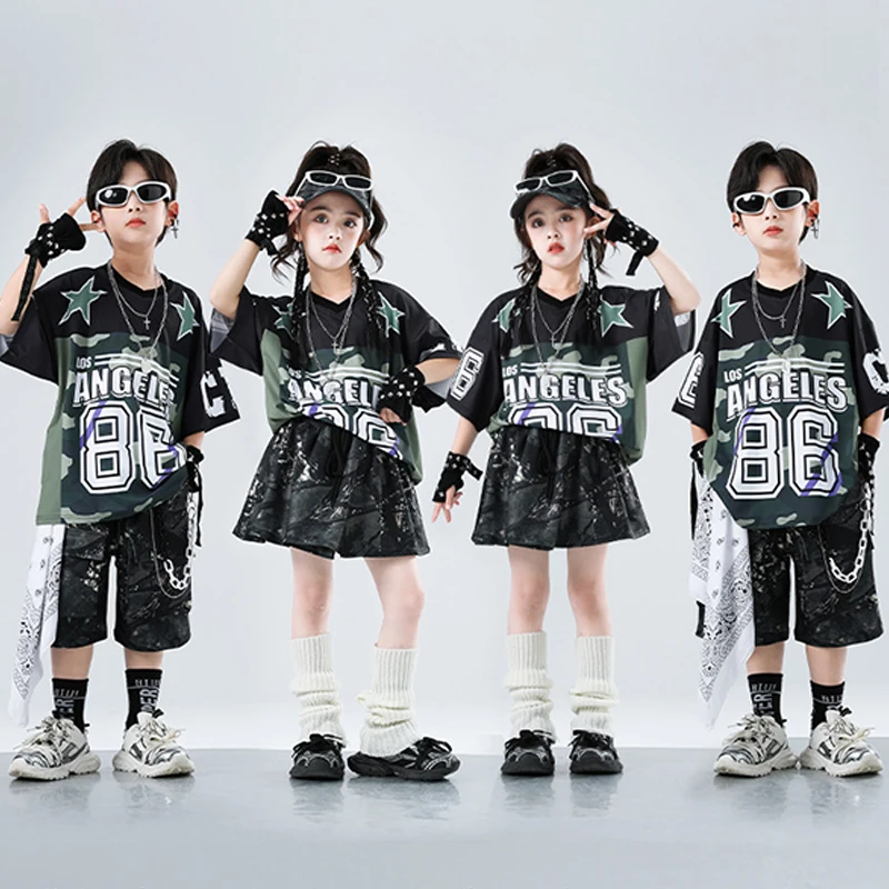 

Jazz Dance Costume Children's Trend Suit Hip Hop Shirt Oversize Top Black Skirt Dancer Performance Outfit Girls Streetwear 3579
