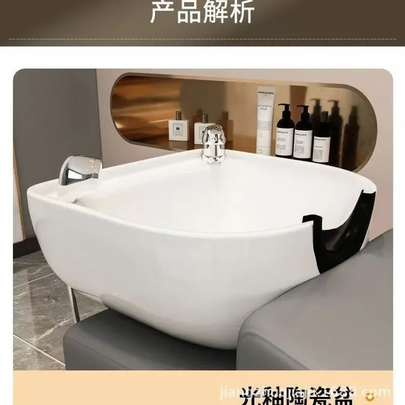 Half Lying Shampoo Bed with Ceramic Basin for Barber Shop Hair Massage Flush Hair Washing Station