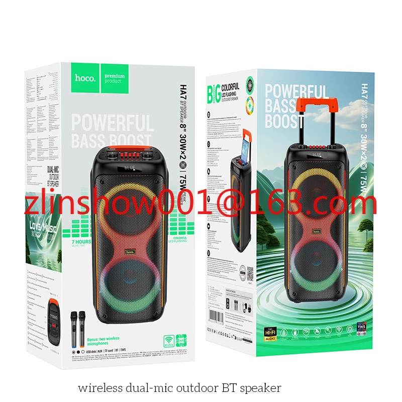 HOCO HA7 Wireless Dual-microphone outdoor pull BT Big Speaker US/EU Support FM TF Card AUX TWS modes Stereo high quality