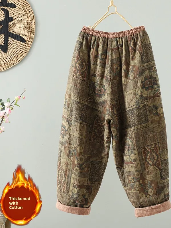 Pantalon rétro en coton et lin, jambes larges, imprimé, taille élastique, Vintage, taille haute, Long, pour automne et hiver
