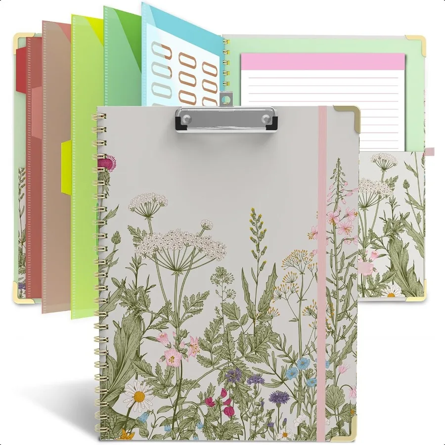 

Clipboard Folio with Storage 8.5 X 11 Padfolio Notebook Clipboards with Notepad Spiral with 10 Pockets and 5 Folders Nursing Te