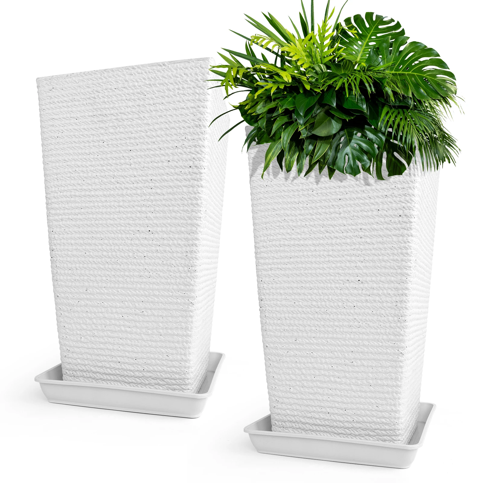 

Tall Planters Set Of 2 for Outdoor Indoor Plants,21.3in Large Tapered Plant Pots with Drainage Trays Holes,White Resin Extra-Thi