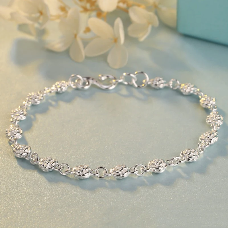 S990 Pure Silver Bracelet For Women 5mm Width Bracelet Jewelry Rose Flower Solid Silver Link Girfriend Gift 16/17cm Length