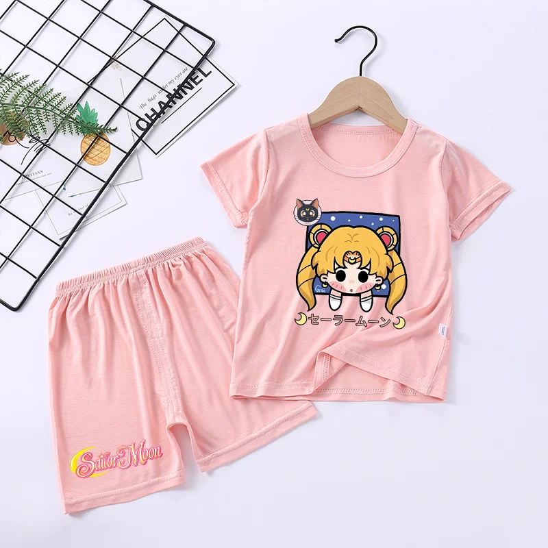 Sailor Moon Pajamas Set Cartoon Girls Summer T-shirt Pants Suit 2pcs Clothes Pink Anime Printed Nighty Comfortable Loungewear