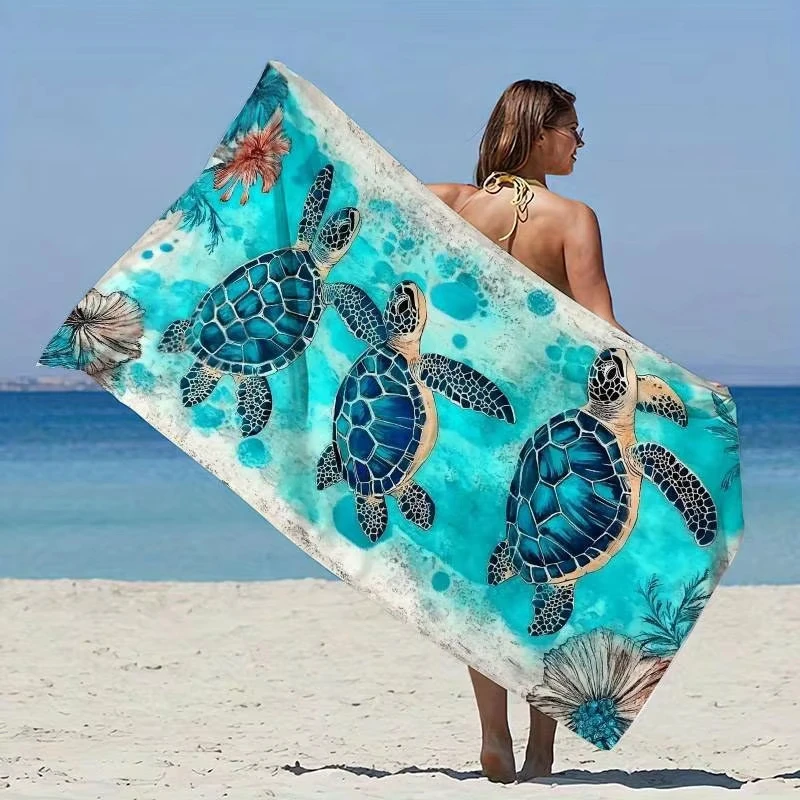 Trendy Sea Turtle Floral Print Beach Towel, Soft Microfiber Lightweight Quick Dry,Oversized for Travel Camping,Ocean Decor Towel