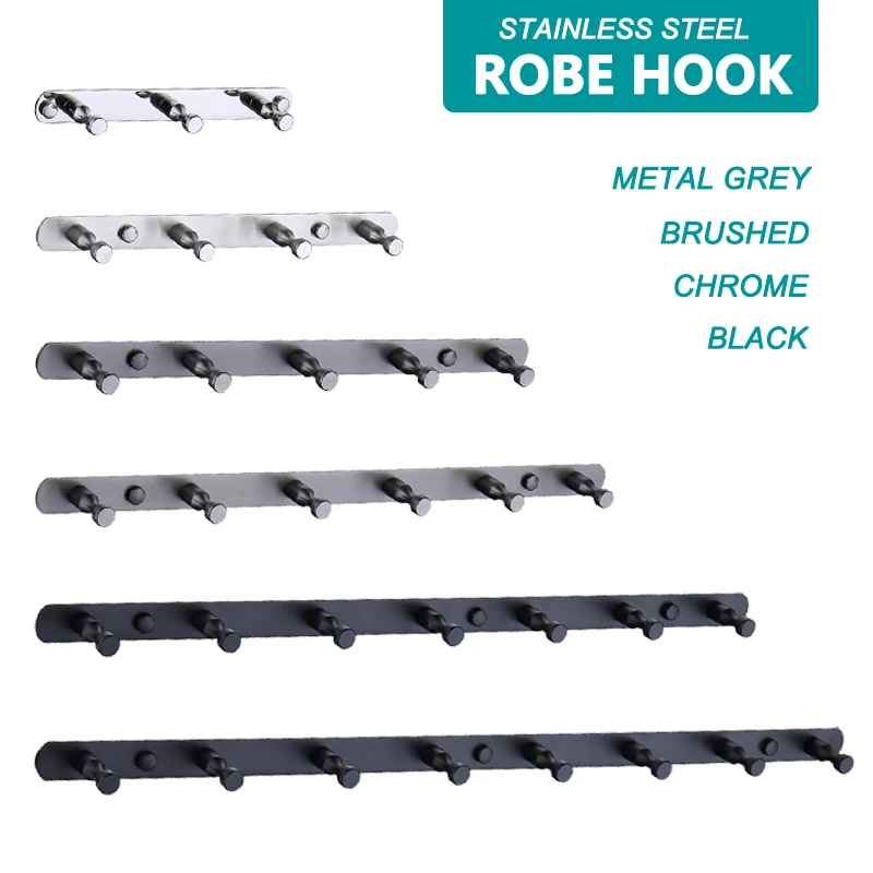 L Type Robe Hook 3/4/5/6/7/8 Hooks Coat Wall Mounted Bathroom Accessories Chrome Metal Grey Black Brushed Nickel