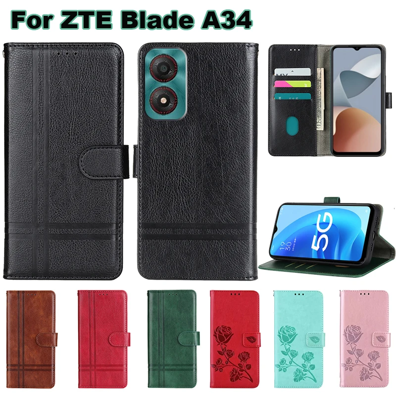 PU Leather Case For ZTE Blade A34 чехол Flip Coque Book Stand Wallet Capas For Fundas De Teléfono ZTE Blade A34 Phone Cover Etui