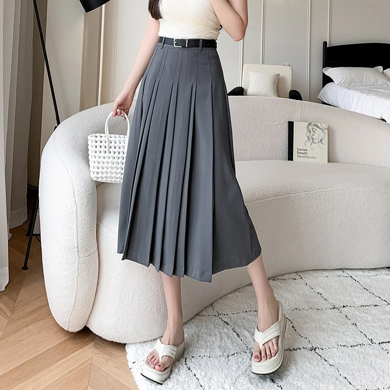 New Spring Summer High Waist Midi Pleated Skirts Womens Fashion A-line Casual Suit Skirt Ladies Elegant Vintage Umbrella Skirt