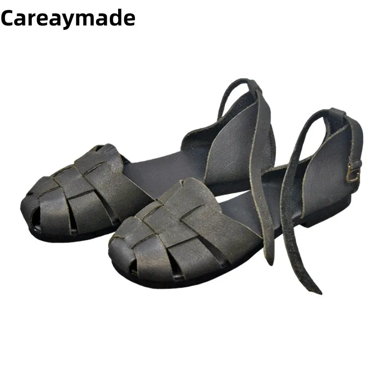 Careaymade-Sandalias de piel auténtica para mujer, zapatos Retro de punta redonda, con hebilla de cinturón, a la moda, 6 colores