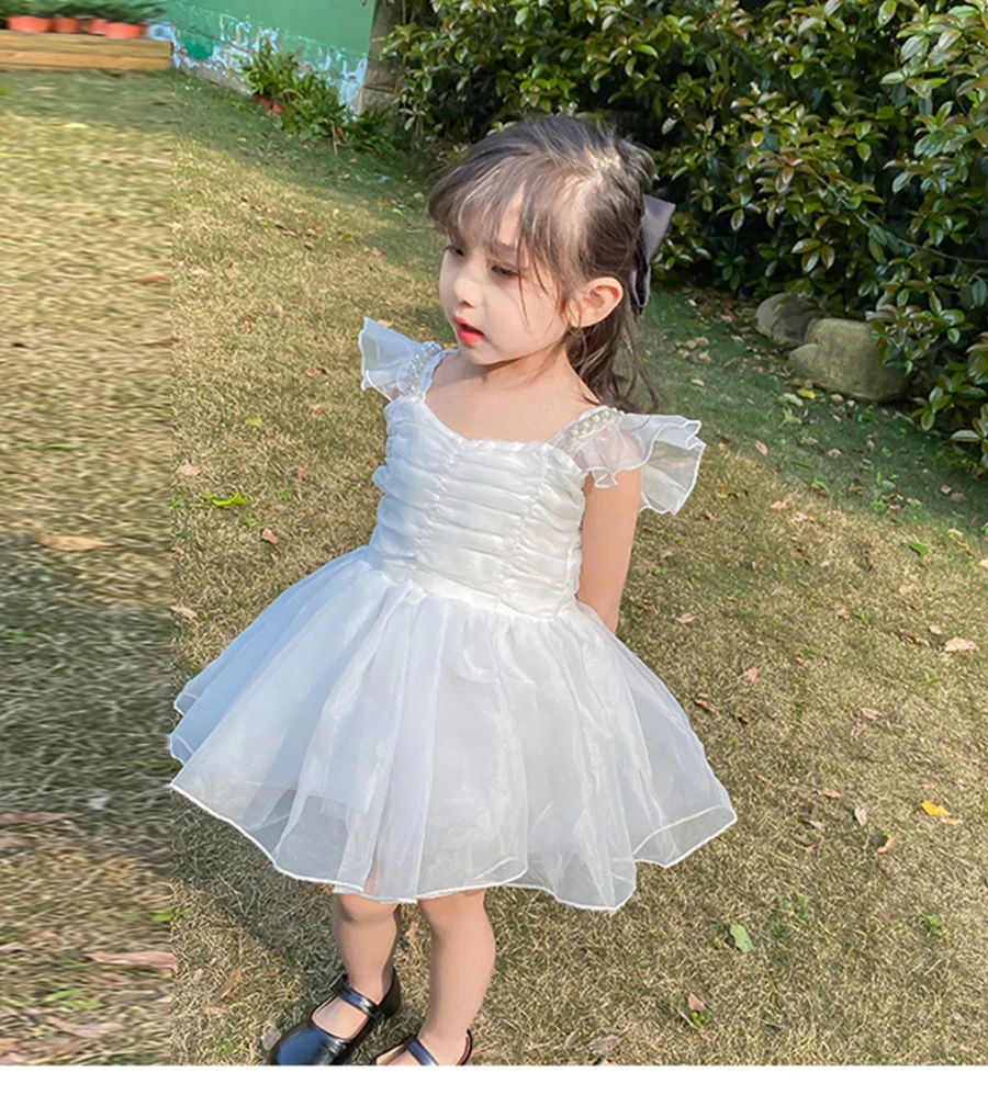 White Flower Girl Dress for Wedding Suspenders Tulle Simple Princess Sleeveless Dress Kids Birthday Party Pagenat Ball Gowns