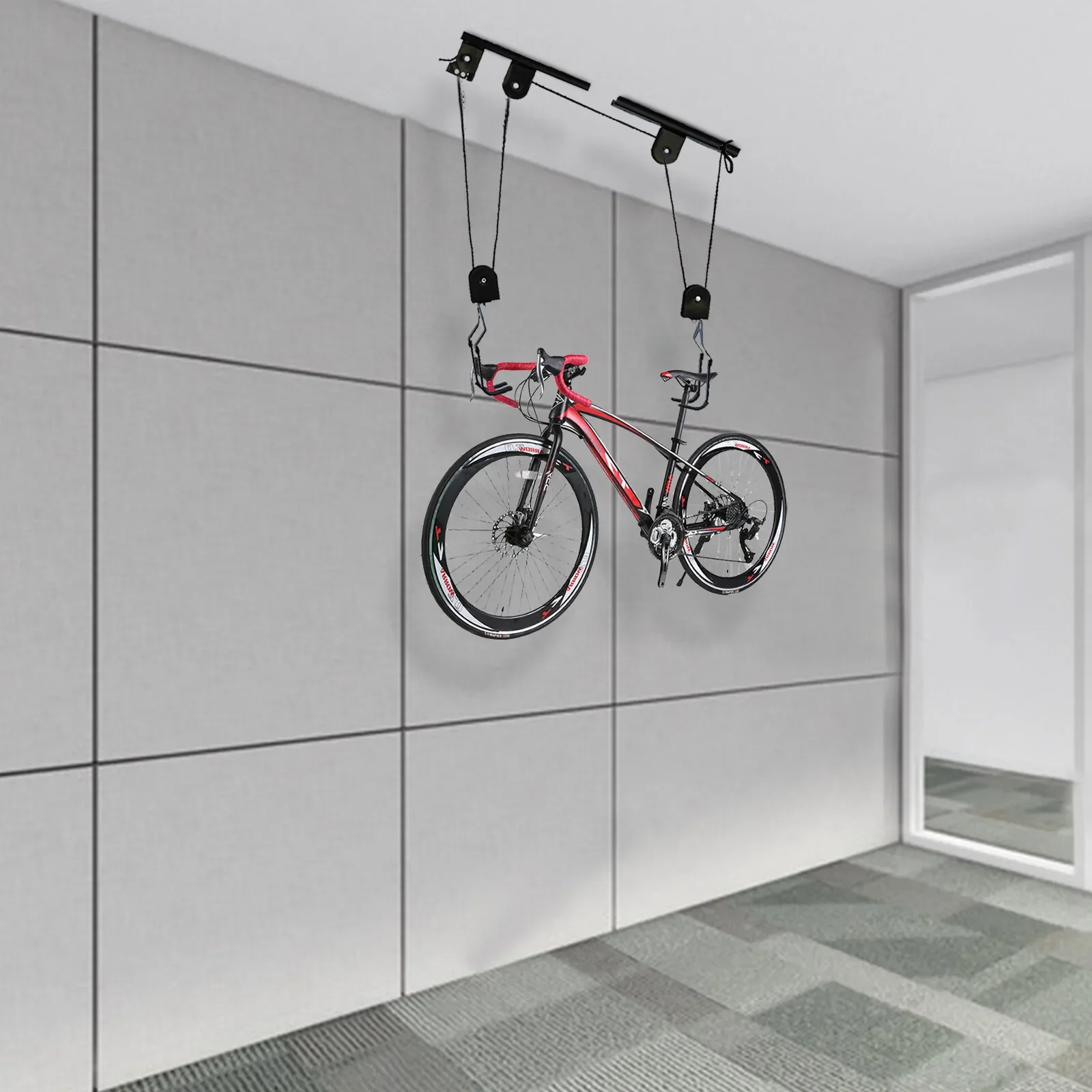 

60kg Bicycle Bike Lift Hoist Ceiling Storage Hanger Pulley Rack Garage + Hooks