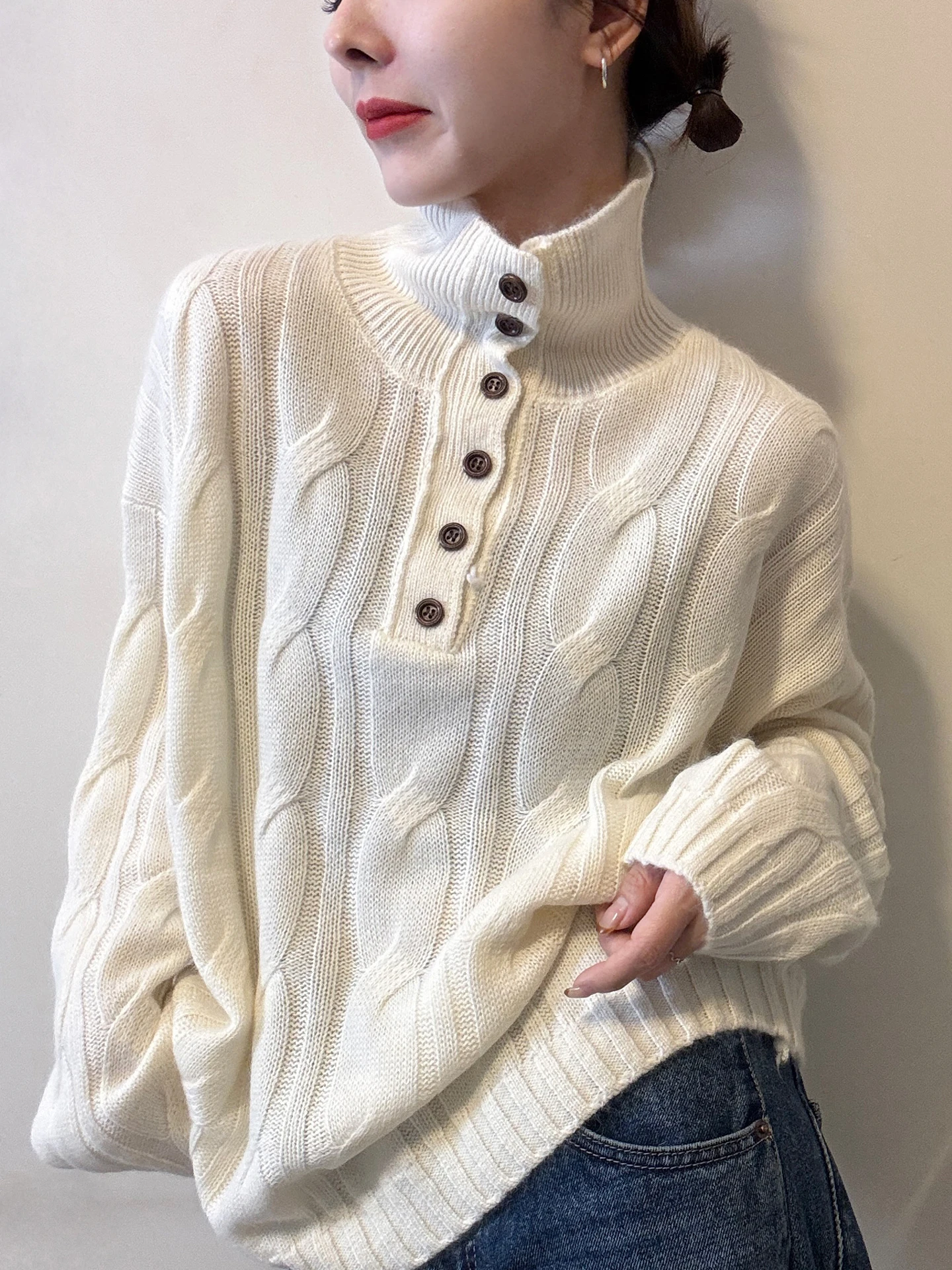 

Ele Pure Color High Ne вязаный свитер Long Sve f с открытой пуговицей, зимний топ, антивозрастной модный женский топ