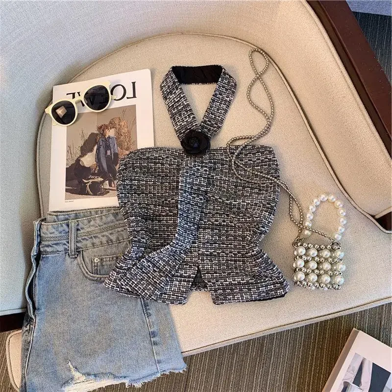 Vintage Tweed Style Camellia Halter Neck Knit Tank Top Women's Summer Cropped Slimming Tank Top Trendy Seamless Top For Women