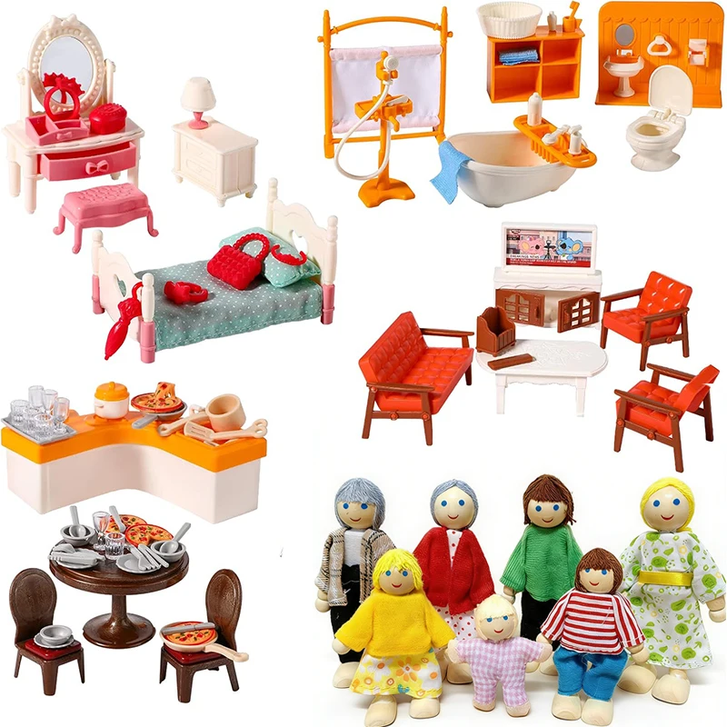 

Dollhouse Furniture & Doll Family Set Mini People Figures Doll House Accessories Pretend Furniture Toys Birthday Gift for Child