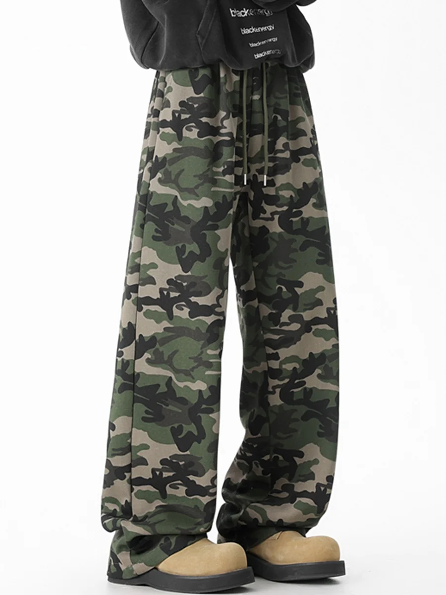 Vintage Washed Camouflage Men's Sweatpants Straight Leg Sporty Casual Trousers Autumn Spring Fashionable Loose Fit Pants