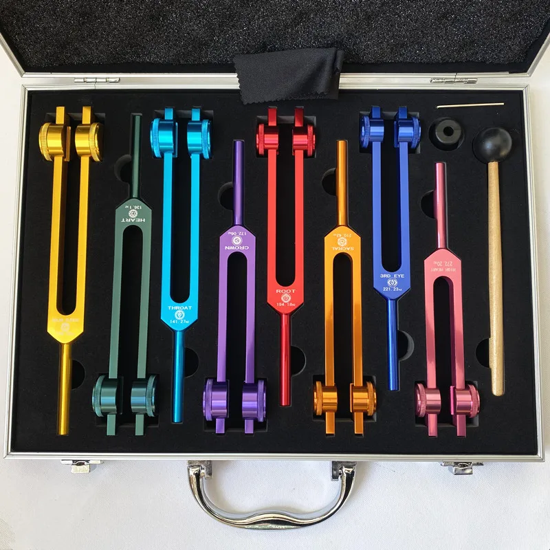 Colorful Tuning Fork 126.22 136.1 141.27 172.06 194.18 210.42 221.23 OM Aluminum Box Tuning Forks Set Healing Musical Percussion
