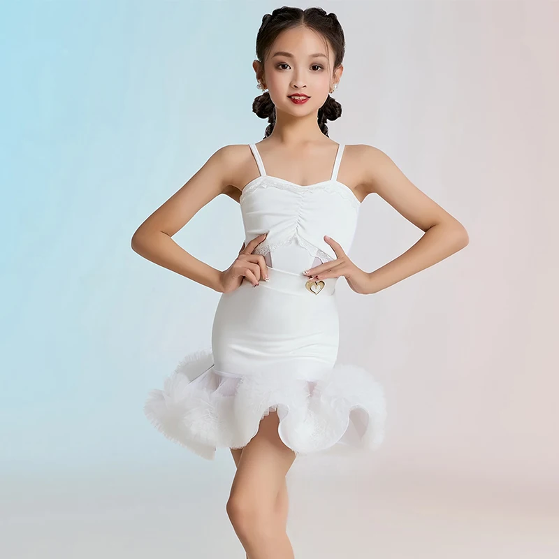 

3 Colors Summer New Latin Dance Clothes Girls White Sling Dress Fluffy Skirt Latin Competition Performance Outfit Pink VBH1879