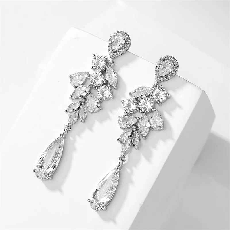 ZAKOL Fashion Water Drop Marquise Zircon Dangle Earrings for Women Shinny Crystal Leaf Long Earring Bridal Wedding Jewelry