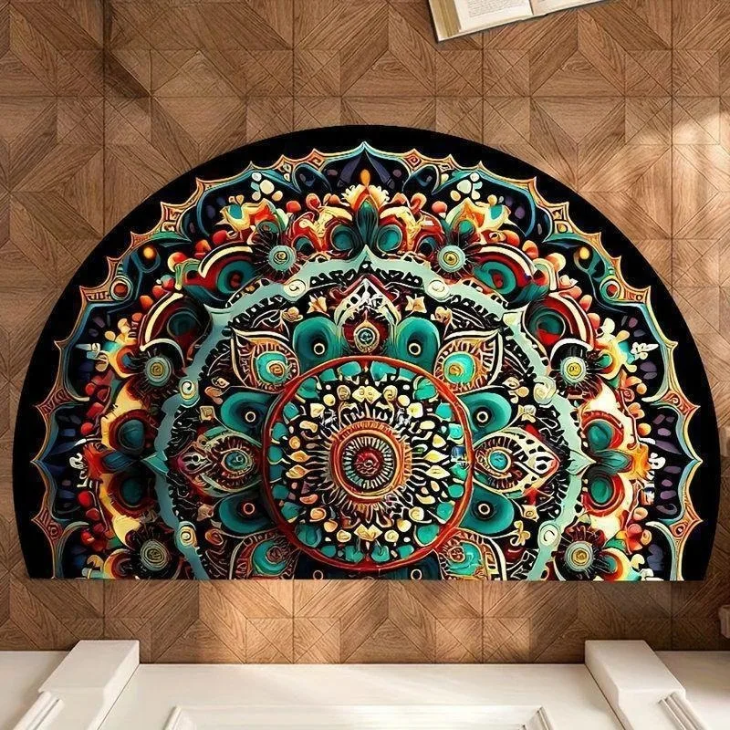 Colorful Stained Glass Floral Half Round Doormat Bohemian Retro Botanical Home Decor Non-Slip Semicircle Entrance Rug