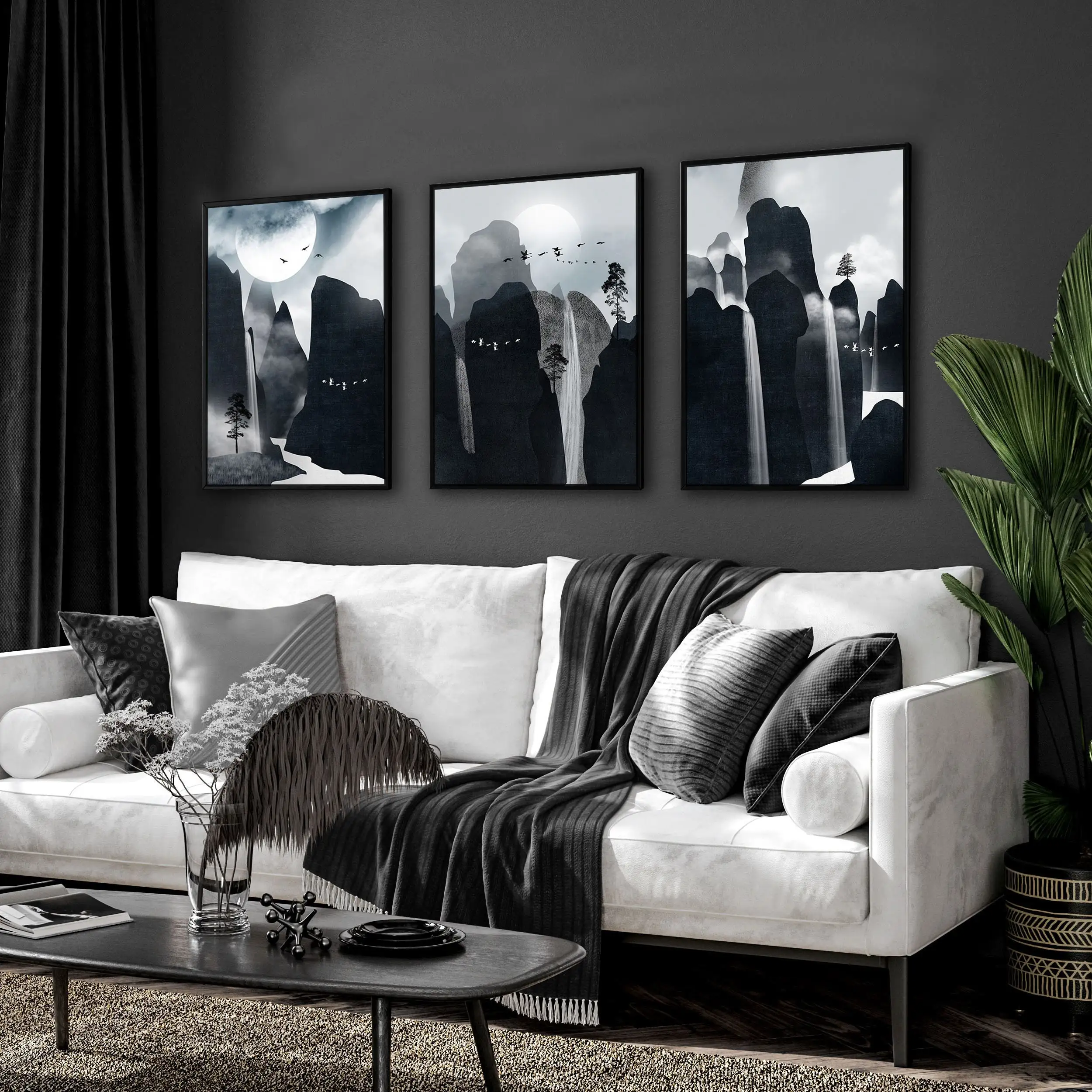 Dark Landscape Mural Wall Art Framed 3 Piece Extra Japanese Wall Art Print Japandi Moody Wall Decor Living Room Wall Art Gift