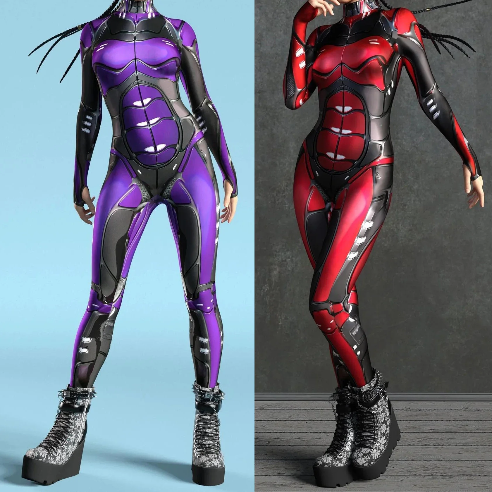 

Futuristic Mechanical Armor Cosplay Costume Women Sexy Punk Print Jumpsuit Halloween Party Bodysuits Elastic Zipper Zentai Suit