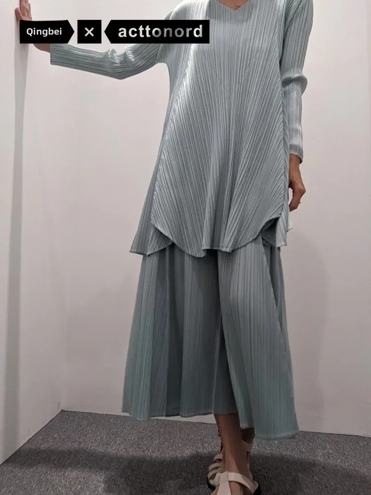 

Loose Basic Wide Leg Pants 89 Folded Series Casual Style Women's Polyester Fabric Spring Season Natural Waist
