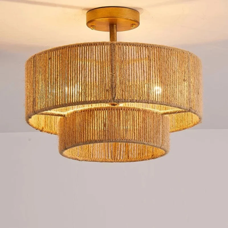 Japanese  E27 Led Pendant Lights Dining Room Retro Hemp Rope Round Ceiling Chandelier Lighting Hanging Lamps Fixtures
