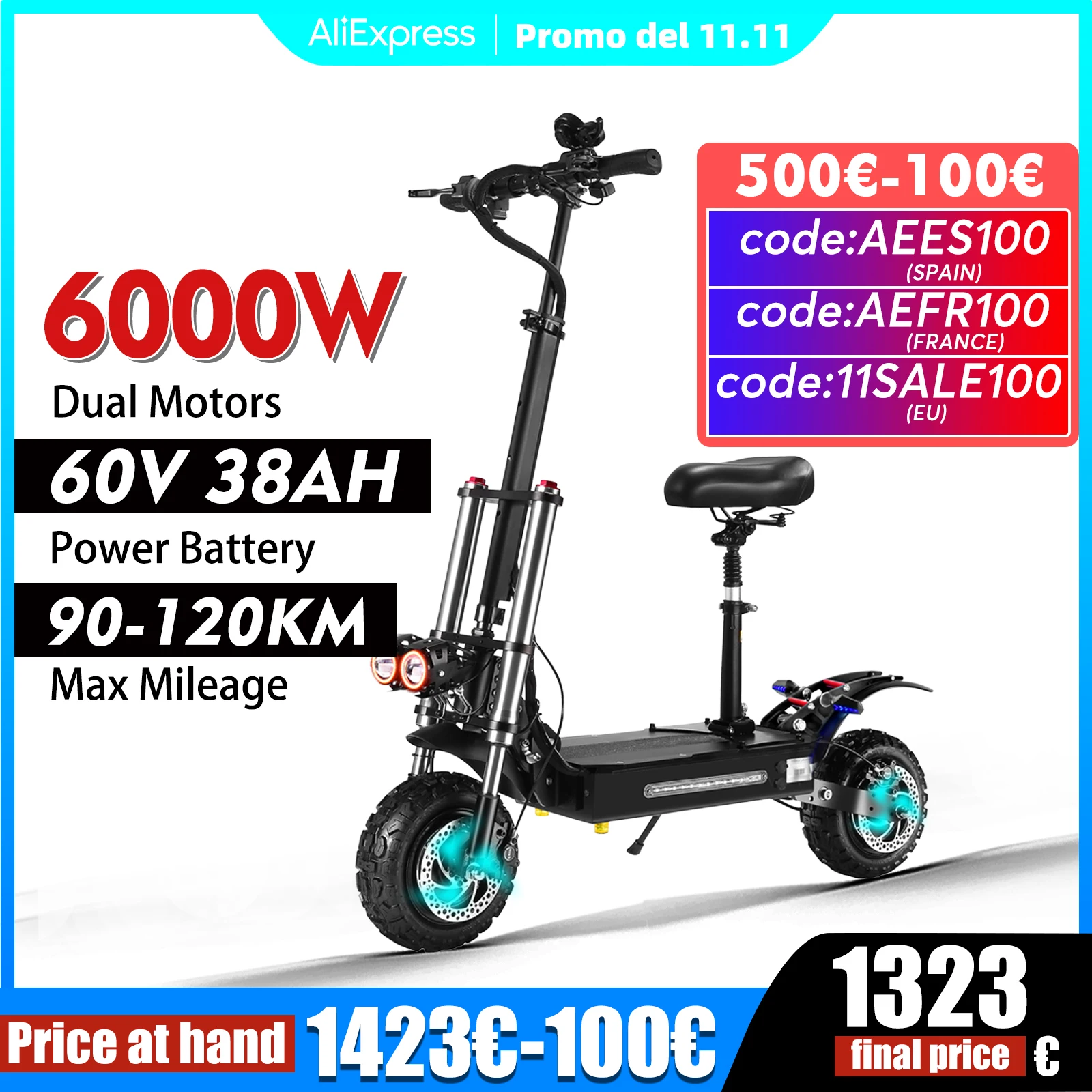 EU BOYUEDA S3-11 38Ah 6000W 60V Max Speed 85-95km/h Oil Brake 11 Inch Electric Scooter 200Kg Max Load 100Km Range Tax free