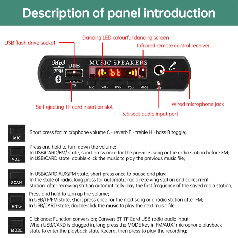 DC12V Bluetooth 5.0 MP3/WMA/WAV/FLAC/APE Audio Decoding Module With Remote Control Without Amplifier With Microphone Function