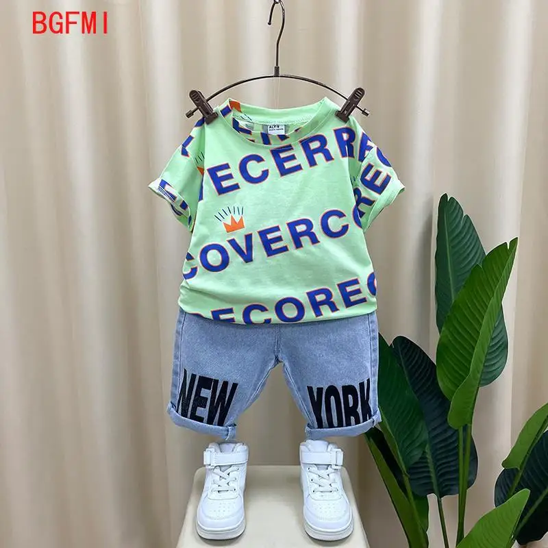 

Korean Children's Top and Bottom Clothes Set Summer Kids Boys Clothes Short Sleeved T-shirt + Denim Shorts Two Pieces Set 2-11Y