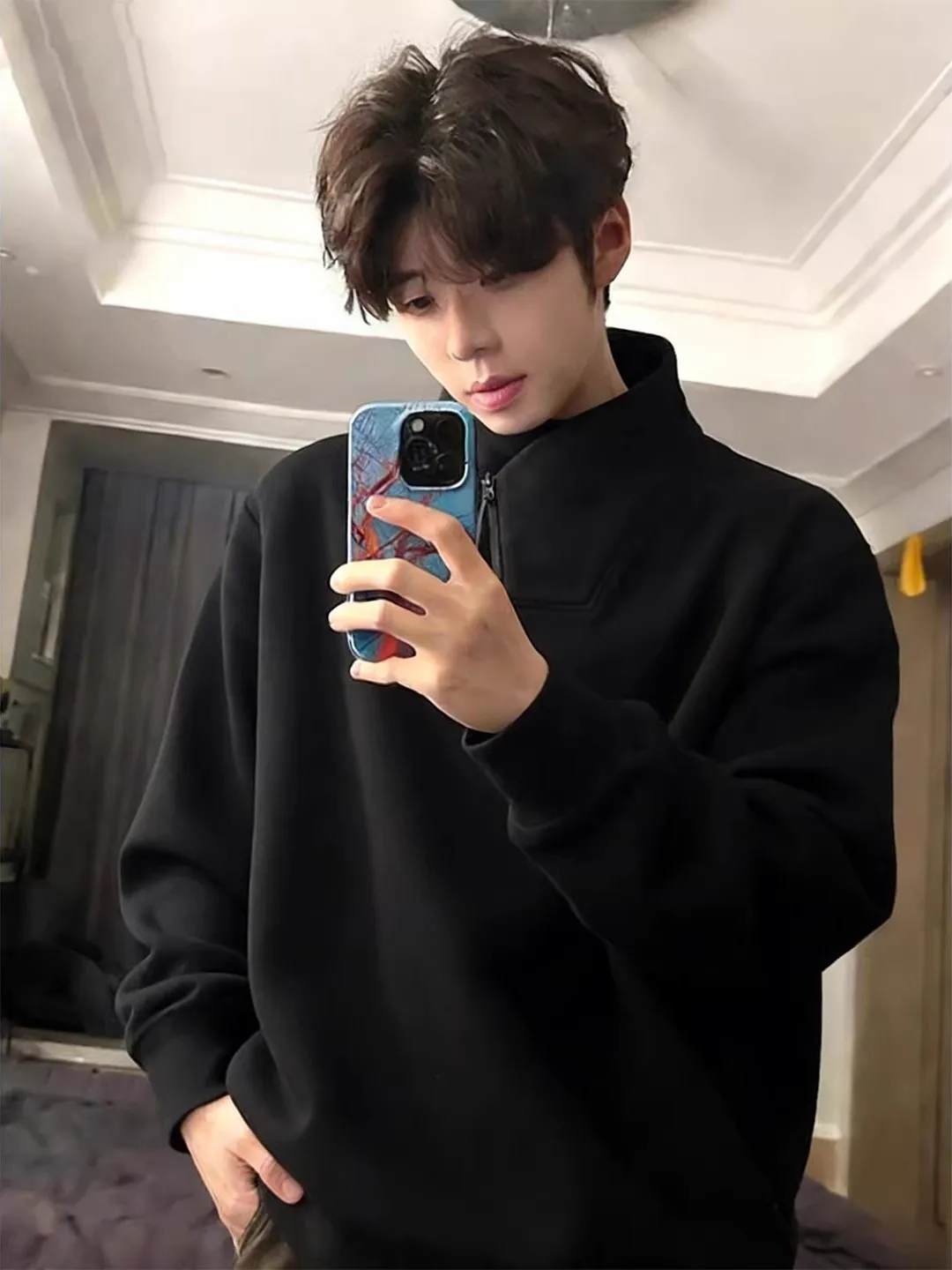 

Bla Hoodie with f Zipper Slanting ket Thi Long Sve Stand Collar Men's Winter Warm Comfortable Casual Outerwear