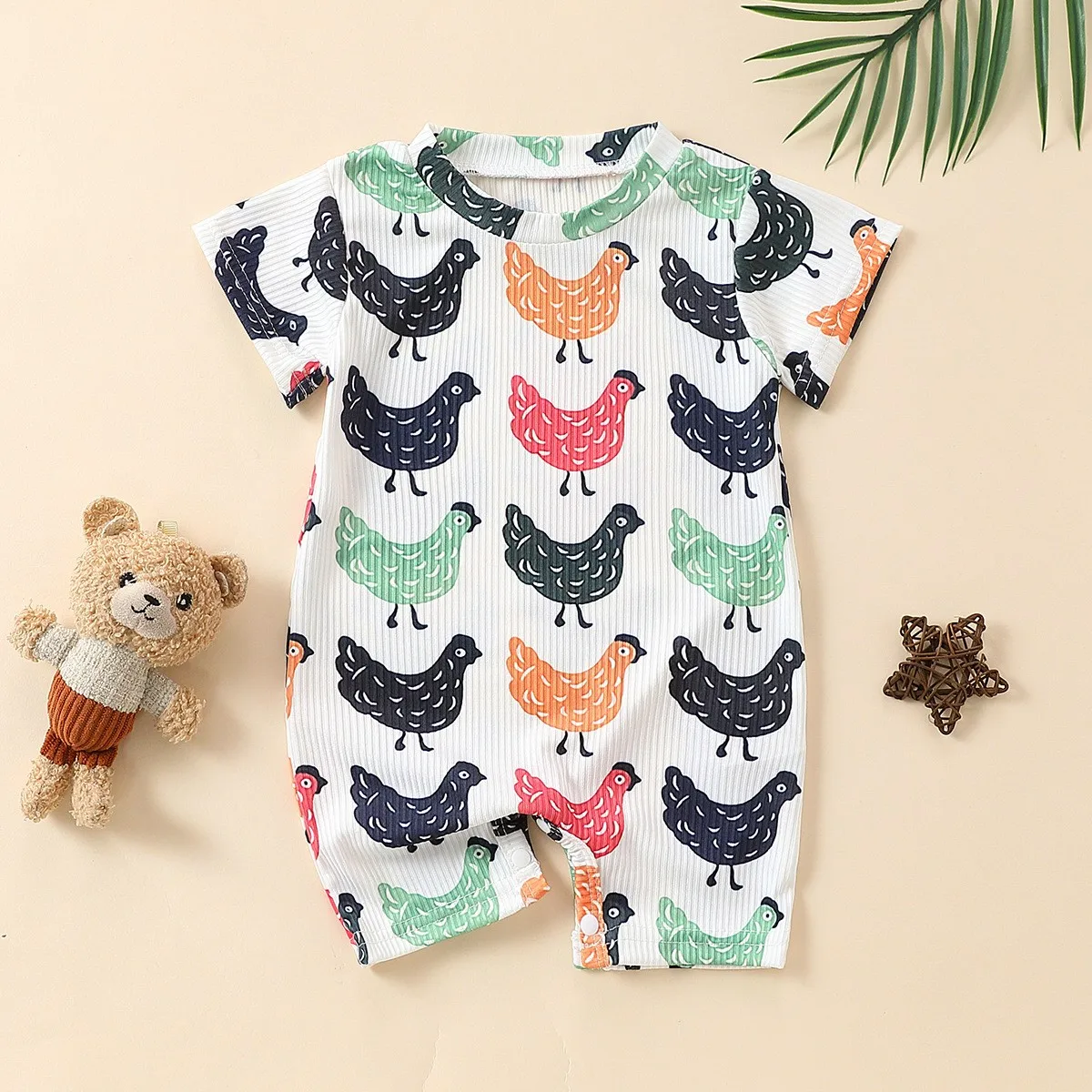 Neutral Baby Summer Clothes Cute Chicken Print Gingham Romper Crawling Suit Infant Comfortable Soft Fabric Outfit for Toddlers