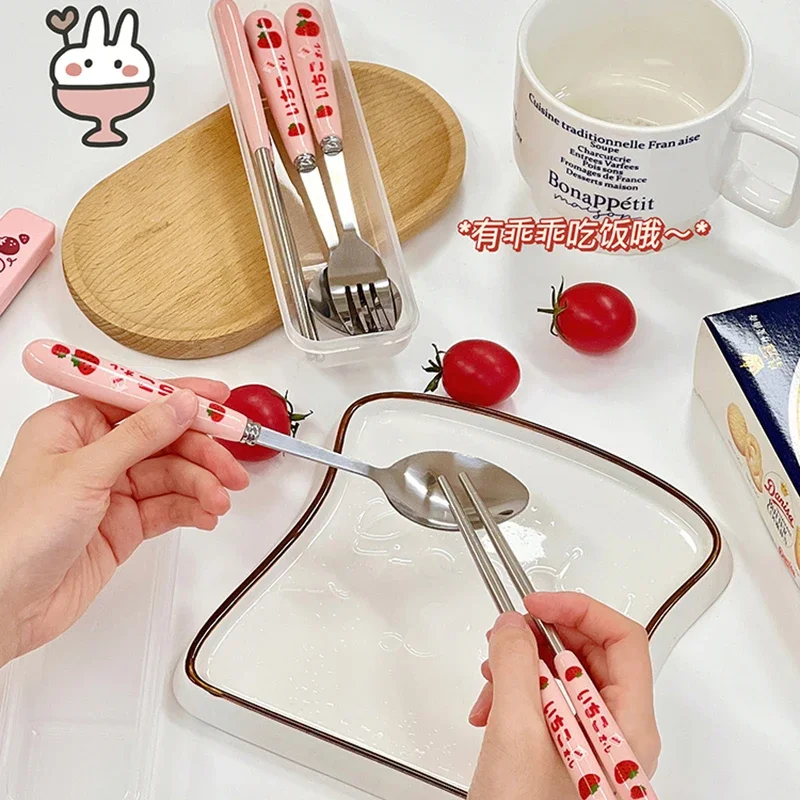 1Pcs Korean Cartoon Strawberry Stainless Steel Chopsticks Spoon Tableware Travel Portable Durable Tableware Three Piece Set