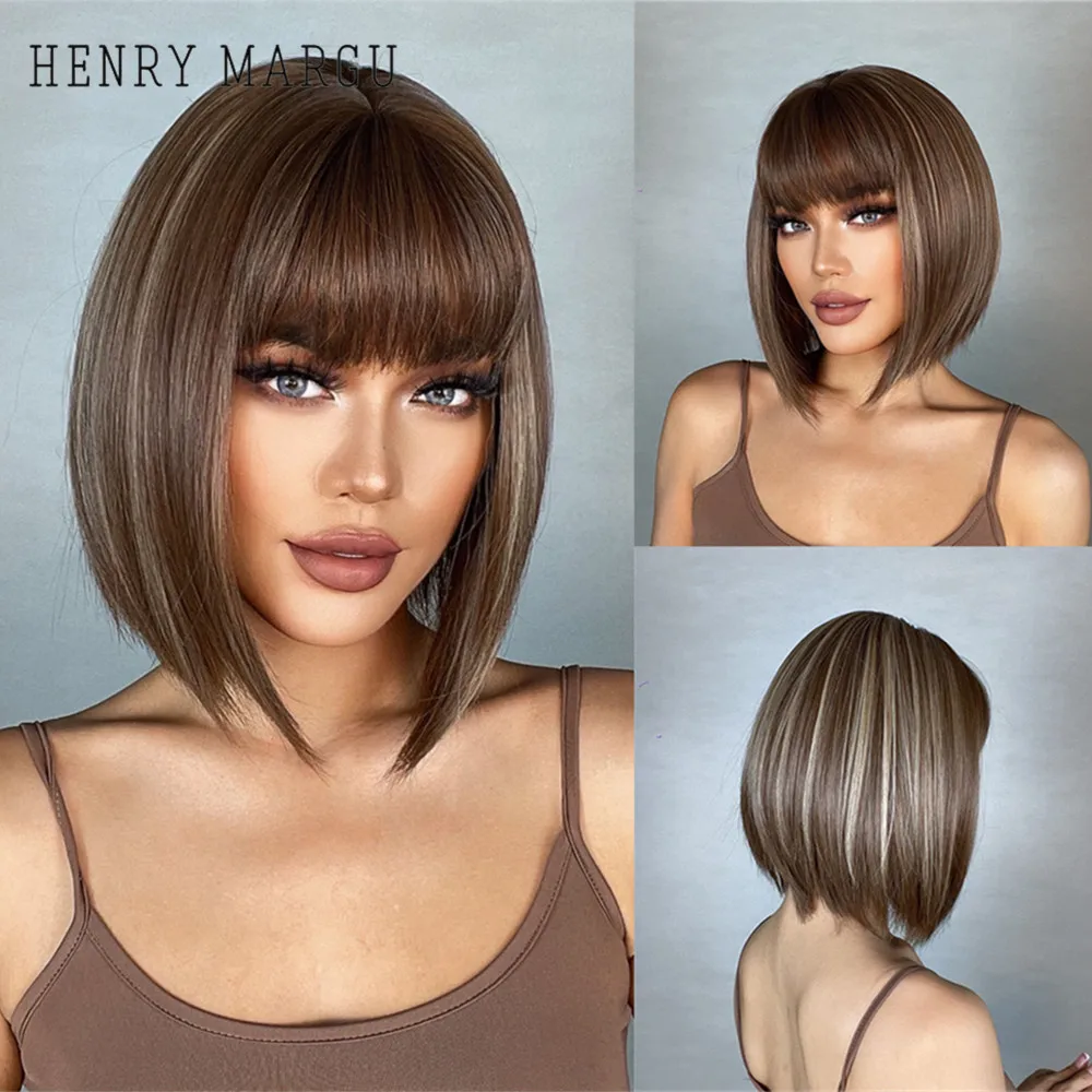 HENRY MARGU Brown Highlight Bob Wig Mixed Color Synthetic Hair for Women Natural Short Straight Wigs with Bangs High Temperature