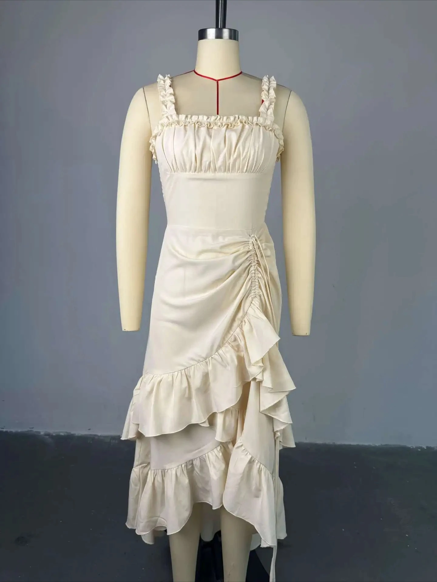 Fashion Women Strap Slash Neck Cascading Ruffles Drawstring Ruched Up Long Maxi Dress 2025 Birthday Evening Sexy Comfort Dresses