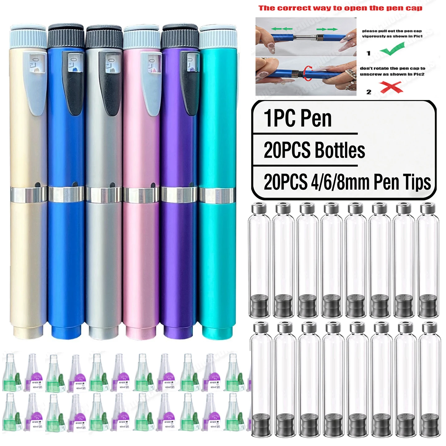 多用途マジックペン-20本入り-3ml-滅菌済み空カセットボトル-20本入り-ペン先交換可能-精密投薬用インスリンペンキット
