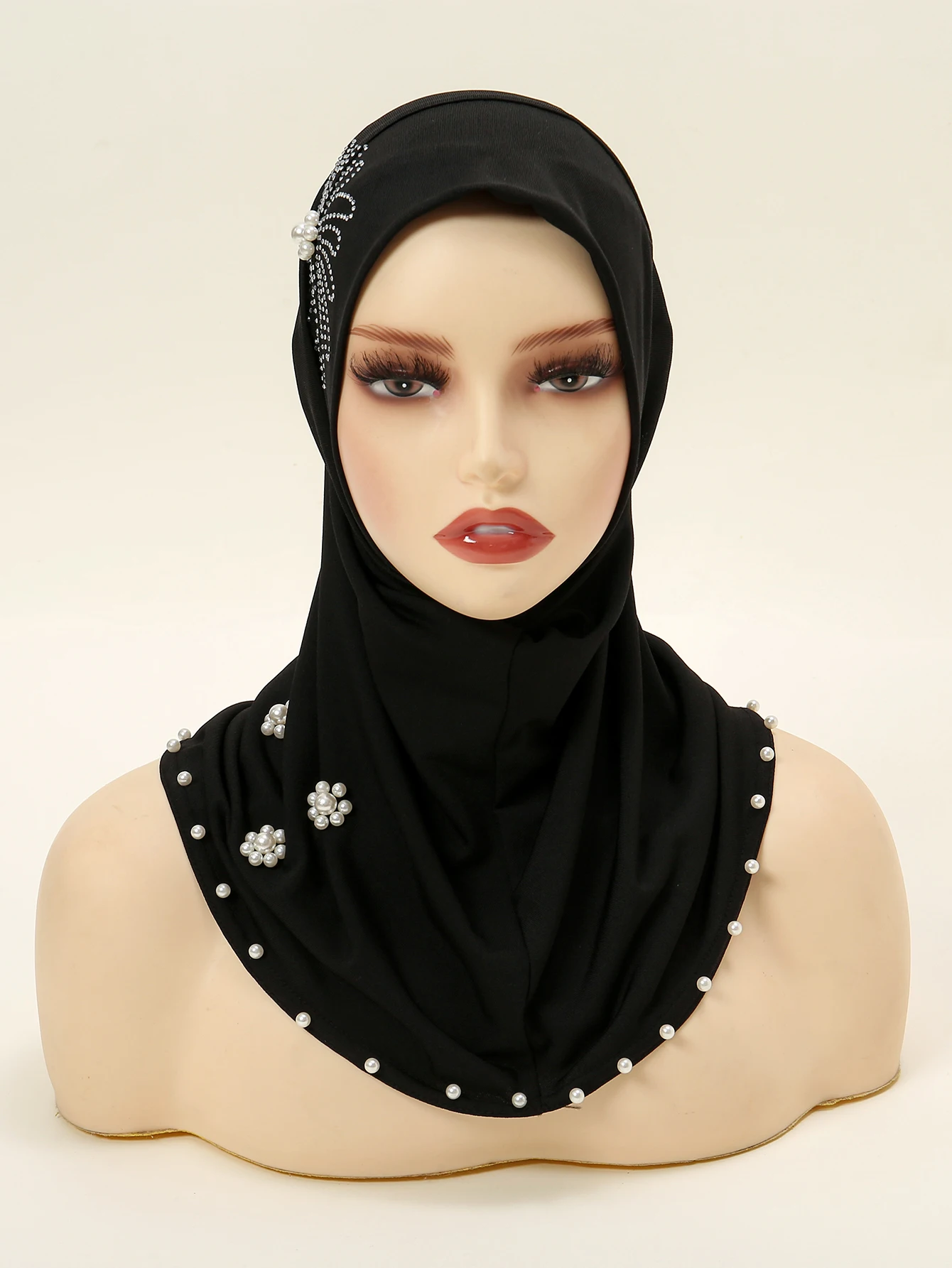 Black Inner Scarf With Bead Hat Tube Undercap Women Fashion Muslim Elastic Hijab Pullover Basic Caps