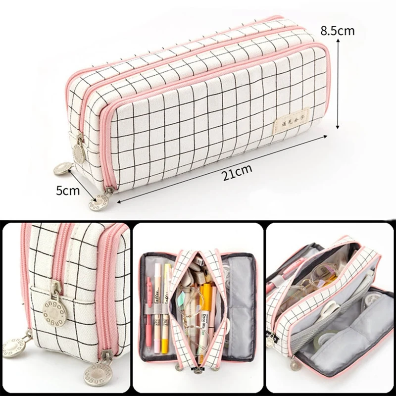 Large Capacity Plaid Pencil Case 3 Compartments Pencil Pouch Portable Canvas Pencil Bag for Boys Girls Students Stationary 1Pcs