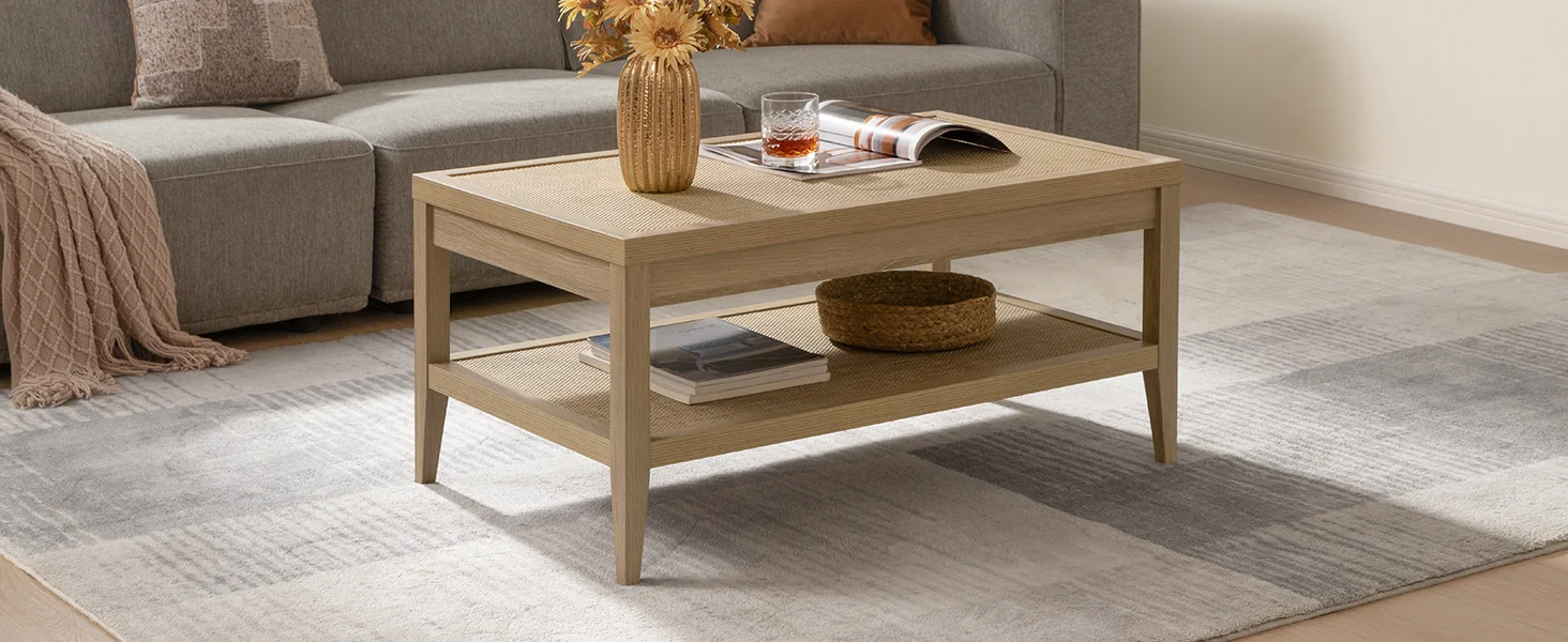 Light oak two-tier coffee table with rattan shelf