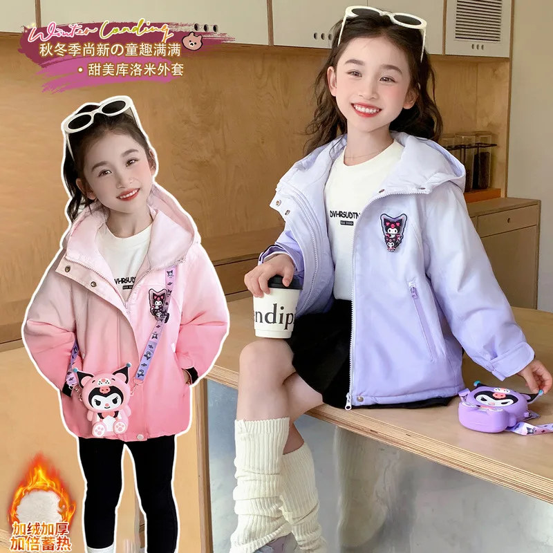 Anime Sanrios Kuromi-abrigo con capucha para niños, chaqueta con dibujos animados para niñas, grueso, cálido, creativo, brillante, ligero, ropa de invierno