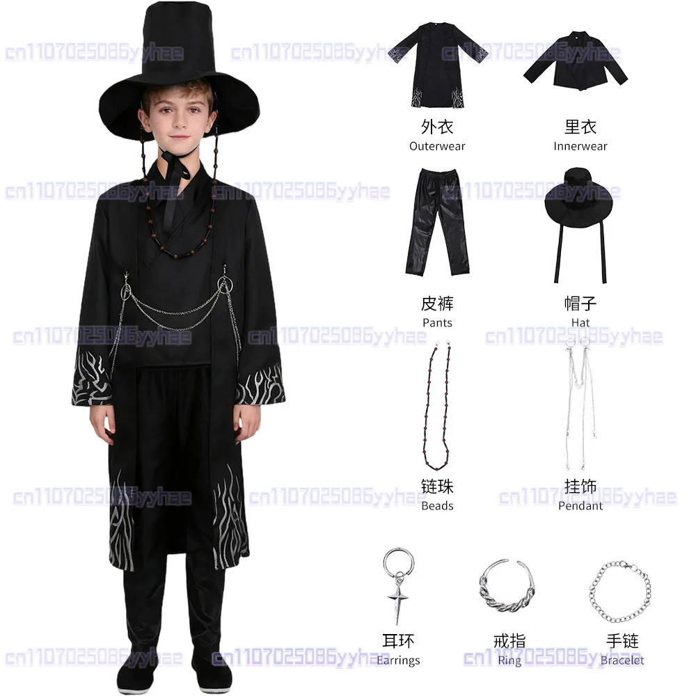Niños Anime demonio Cosplay cazadores niño negro fantasma equipo uniforme cuentas sombrero disfraz Halloween carnaval fiesta