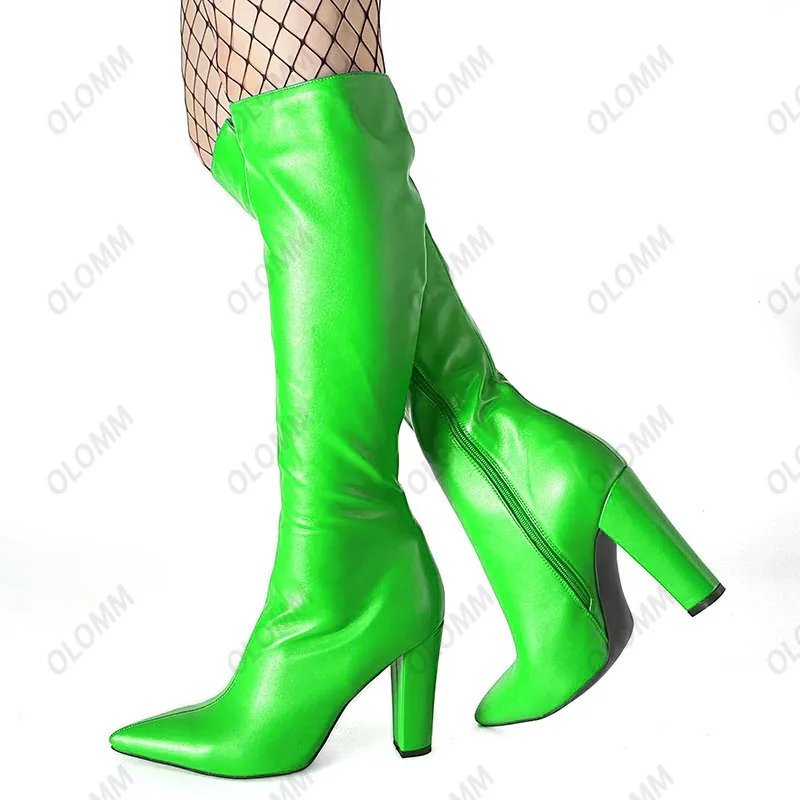Olomm Customize Women Winter Knee Boots Unisex Side Zipper Block Heels Pointed Toe Blue Party Shoes Women Plus US Size 5-15