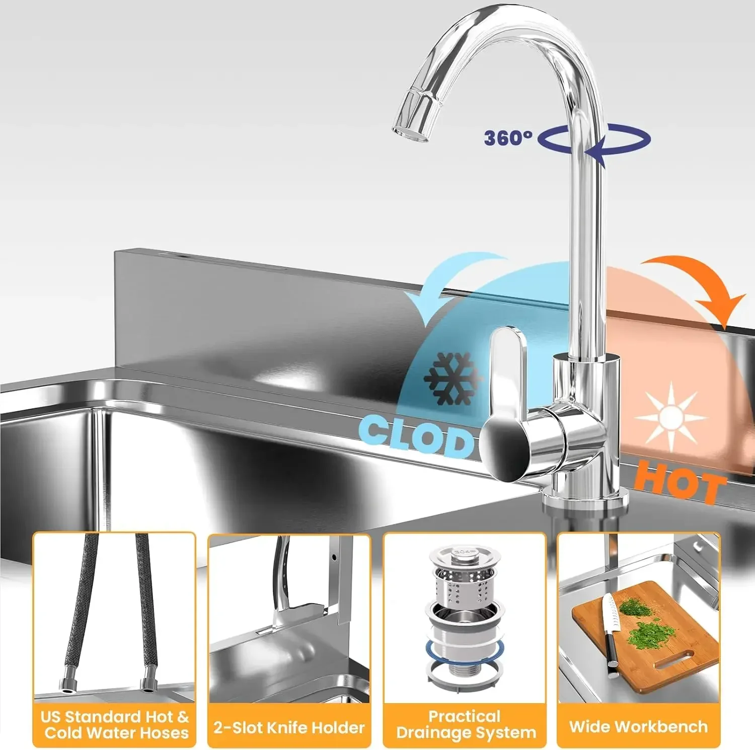 

[Free Shipping!]39'' Stainless Steel Utility Sink, Free Standing Commercial Single Bowl Sink with Shelves & Right Drawer & Cold