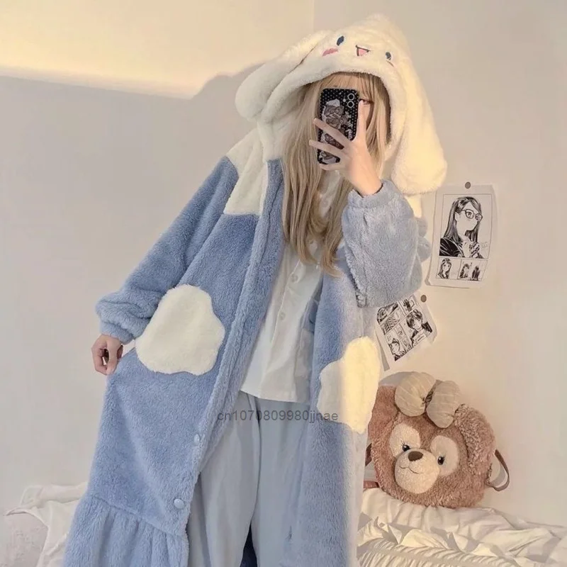 Sanrio Cinnamoroll Winter Kawaii Pajamas Women Home Clothes Suit Cute Nightwear Robe Thicked Warm Pyjamas Female Sleepwear 2023